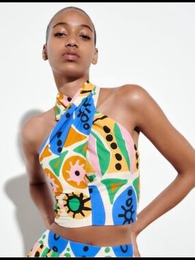 NWT Zara Monacco Multicolor Abstract Halter Crop Top Sz XS